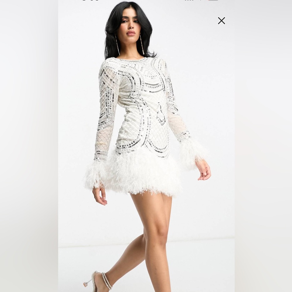 ASOS design embellished sequin mini dress with faux feather trim size S